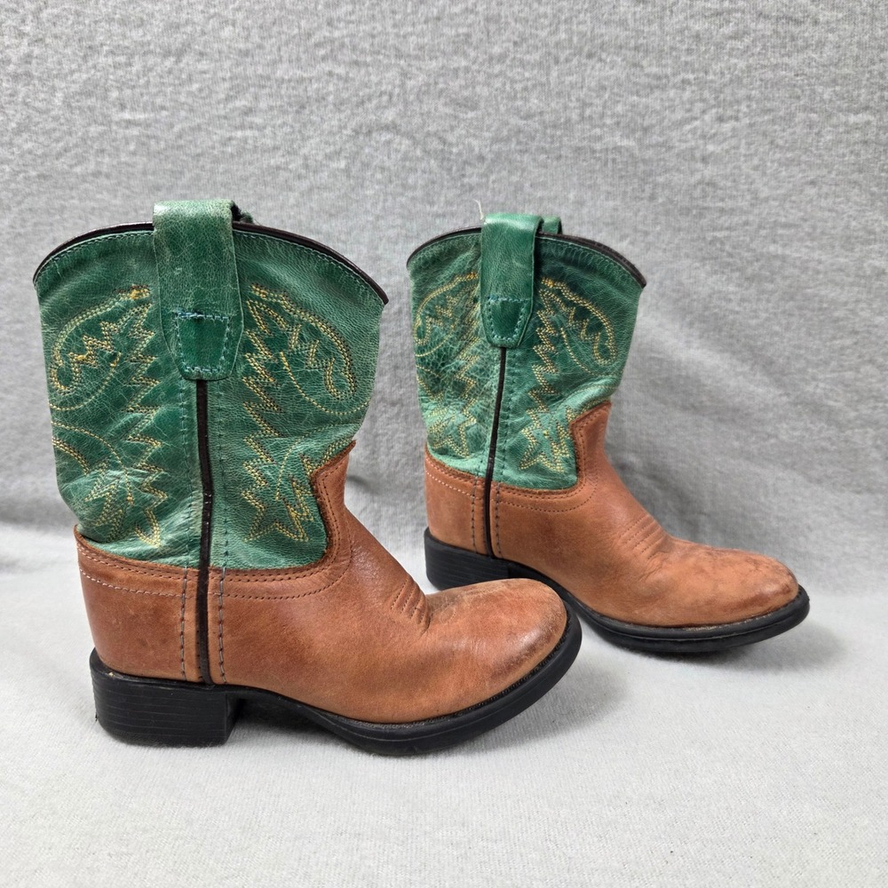 Old West Cowboy Boots Kids 10.5 Brown Green Excellent Leather Western Stitch